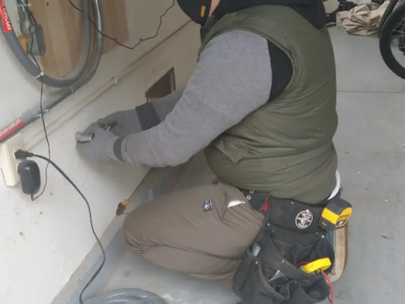 Electrician performing outlet wiring in a Saxon garage